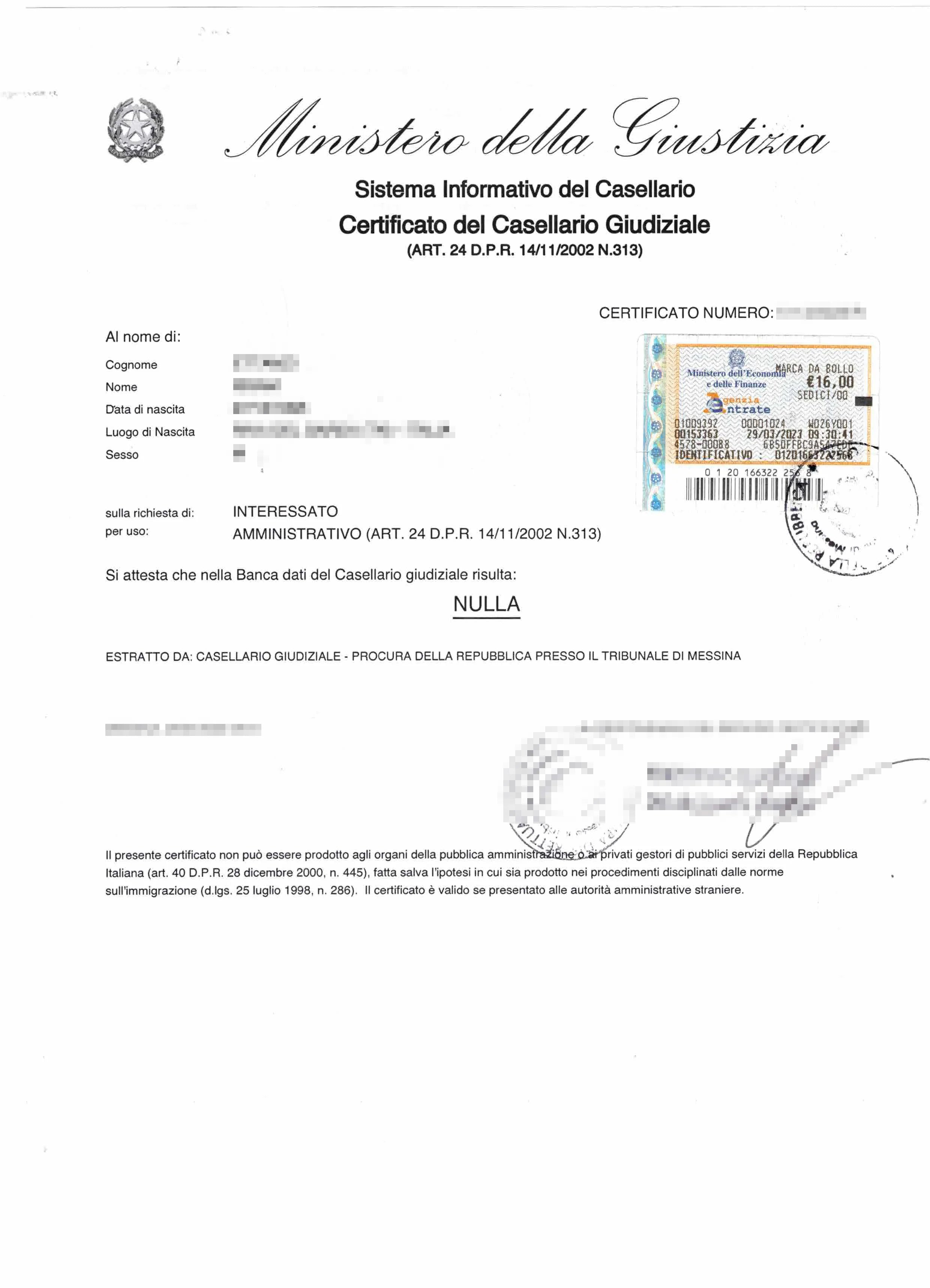 certificato del casellario giudiziale milano