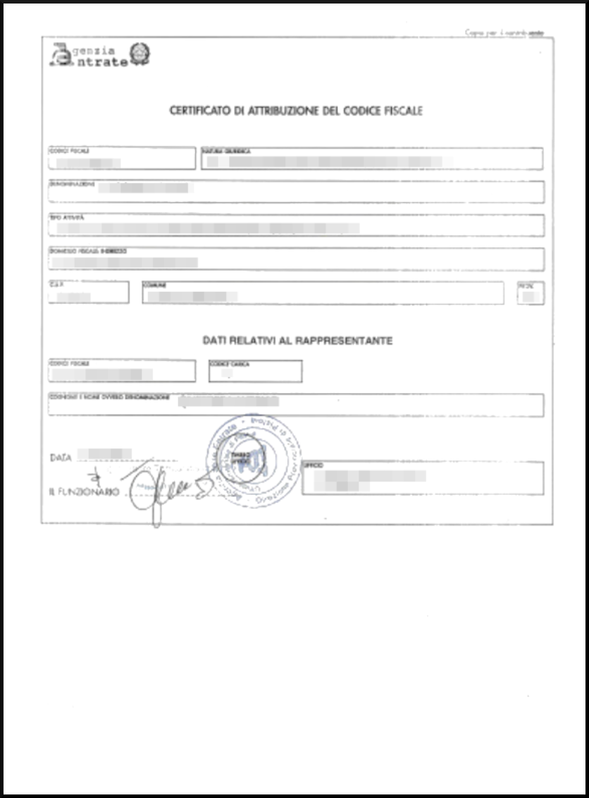 Certificato di attribuzione Codice fiscale