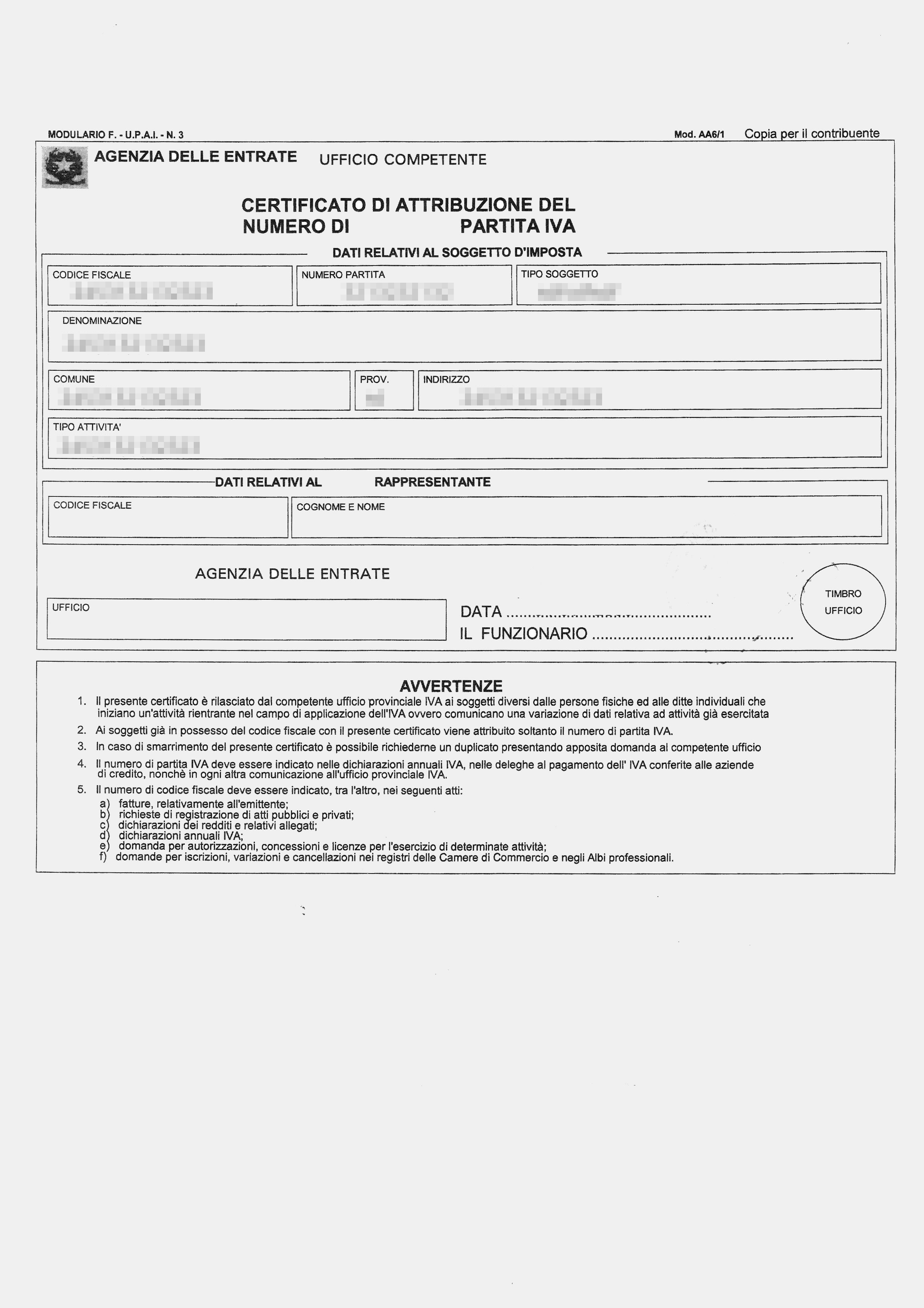 Certificato attribuzione partita iva Online